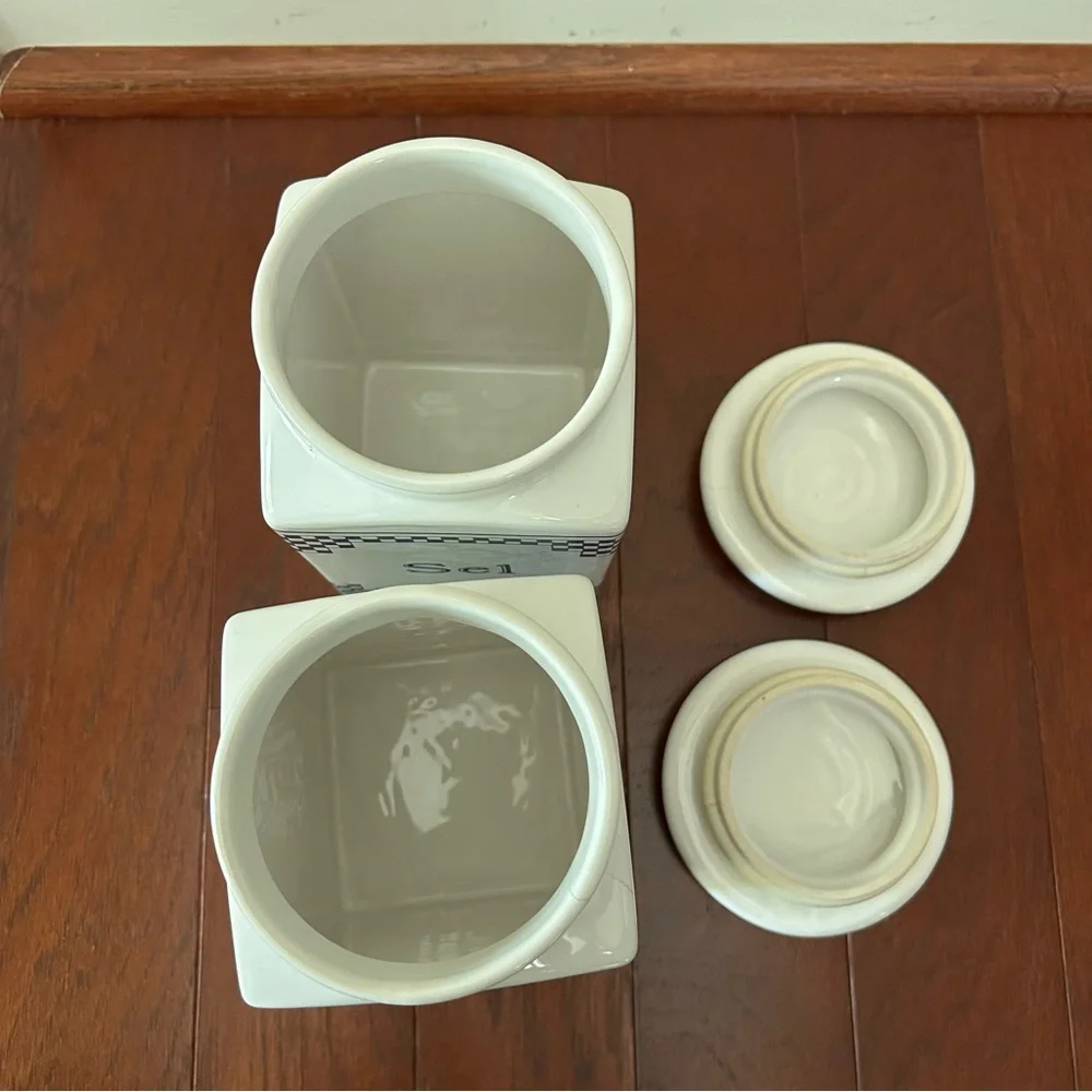 Vintage French Lustucru Style Sel (salt) Canisters Blue White Ceramic Set 2